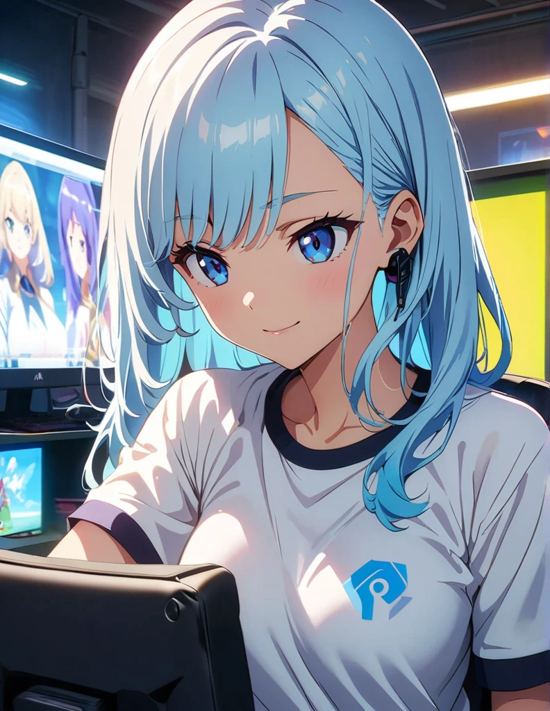 (anime artwork, anime style, studio anime, very detailed, up to date, vibrant, Anime Coloring, high contrast, masterpiece:1.2, best quality, best aesthetics),1 girl,cat ear,light Blue hair,Mullet hairstyle,Best quality,light smile,{{gaming pc}}, {{gaming chair}}, holding_controller, foreshortening,{{blurry_foreground}},ear phone, perfect ???????,blue eyes,