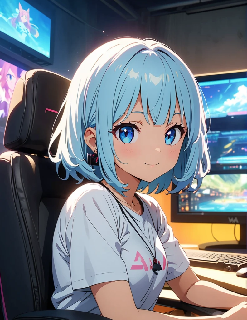 (anime artwork, anime style, studio anime, very detailed, up to date, vibrant, Anime Coloring, high contrast, masterpiece:1.2, best quality, best aesthetics),1 girl,cat ear,light Blue hair,Mullet hairstyle,Best quality,light smile,{{gaming pc}}, {{gaming chair}}, holding_controller, foreshortening,{{blurry_foreground}},ear phone, perfect anatomy,blue eyes, 