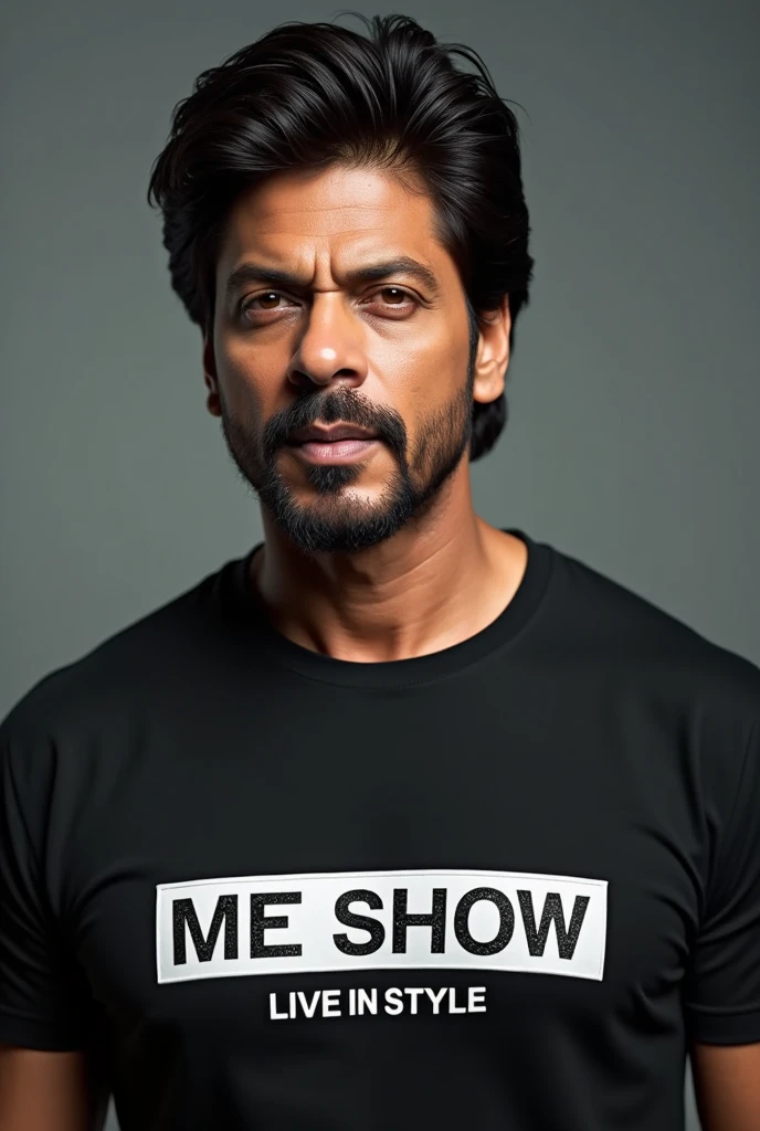 Shahrukh Khan wearing t-shirts brand called ME SHOW TAG LINE LIVE IN STYLE