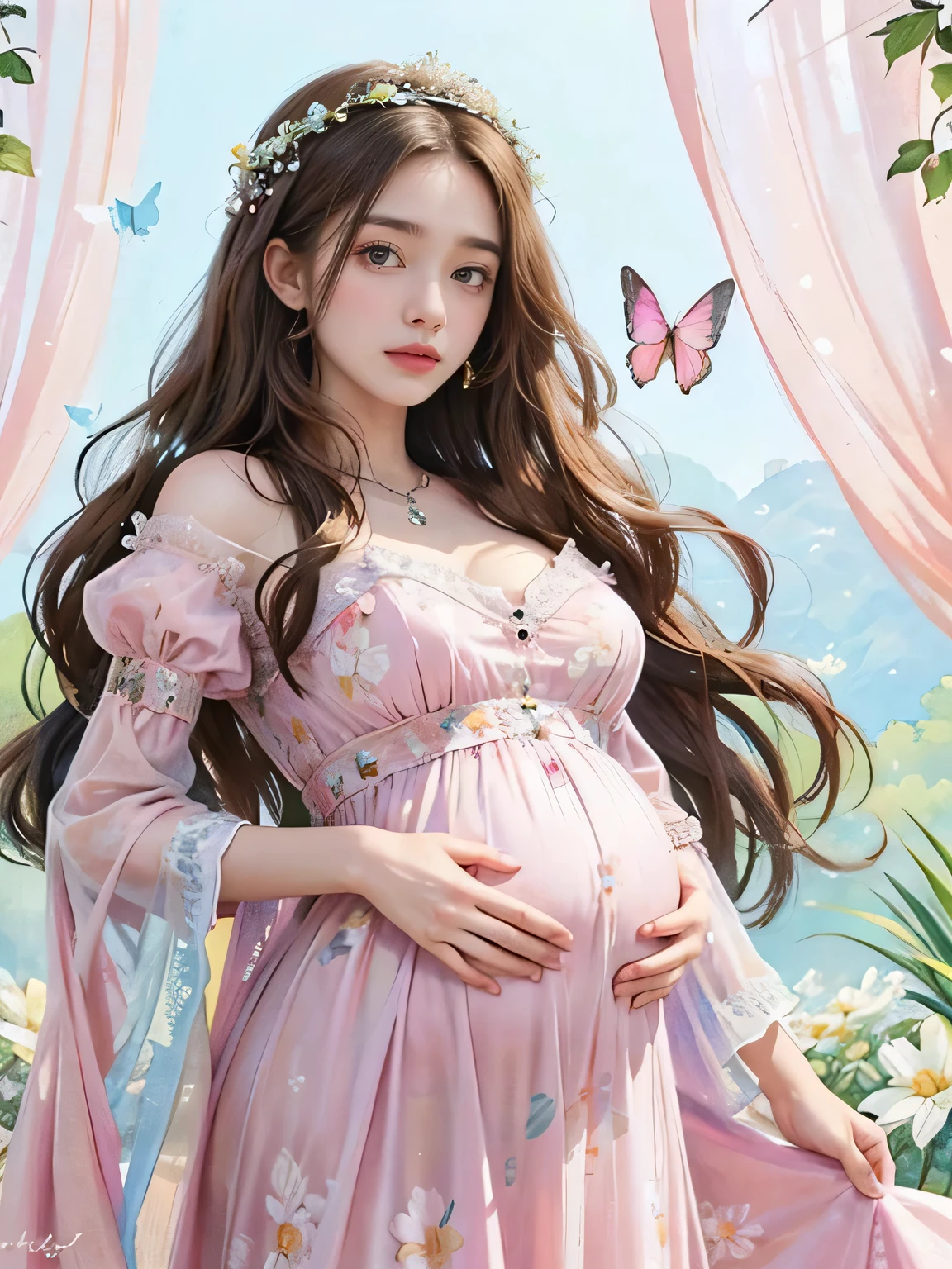 High quality, high resolution, masterpiece, and highly complete work of art. A beautifully rendered watercolor illustration of a pregnant woman with long, wavy brown hair, adorned with a delicate floral crown. The woman, dressed in a flowy, floral-patterned dress with shades of pink and white, tenderly cradles her big pregnant belly, radiating anticipation for her baby's arrival. The scene is filled with magical elements, such as butterflies, hearts, and leaves, creating a serene and enchanting atmosphere. The predominantly white background enhances the vibrant colors of the woman's dress and floral elements, making them the focal point of this captivating piece., illustration, painting, vibrant, typography.
