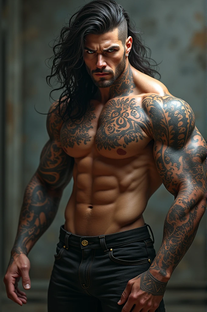 tall strong man, Beautiful hair and light eyes
Bad boy style, muscular with tattoos on his arms
