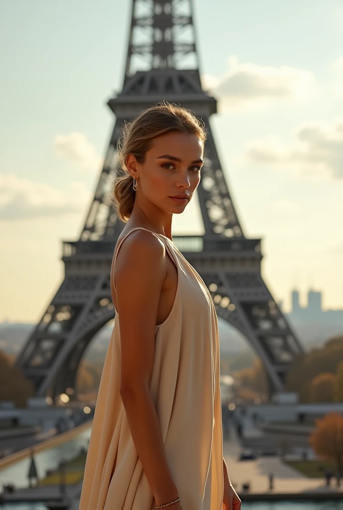 A Woman standing in front of the Eifel Tower in Paris




