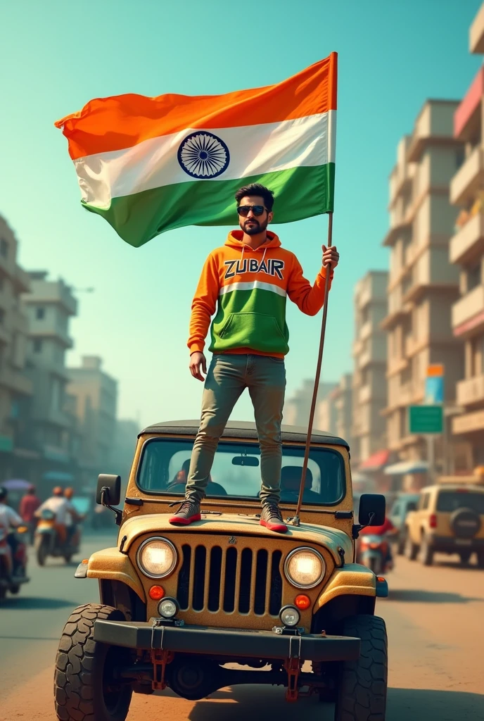 “Realistic image of an Indian city road in the background. A beautiful young man stands through the hood of a Thar Jeep, holding a 15 August Indian flag. He is dressed in a 15 August-themed hoodie and pants with ‘ZUBAIR’ printed on the hoodie, wearing black sunglasses. The scene is vibrant and patriotic, capturing the essence of India’s Independence Day.”