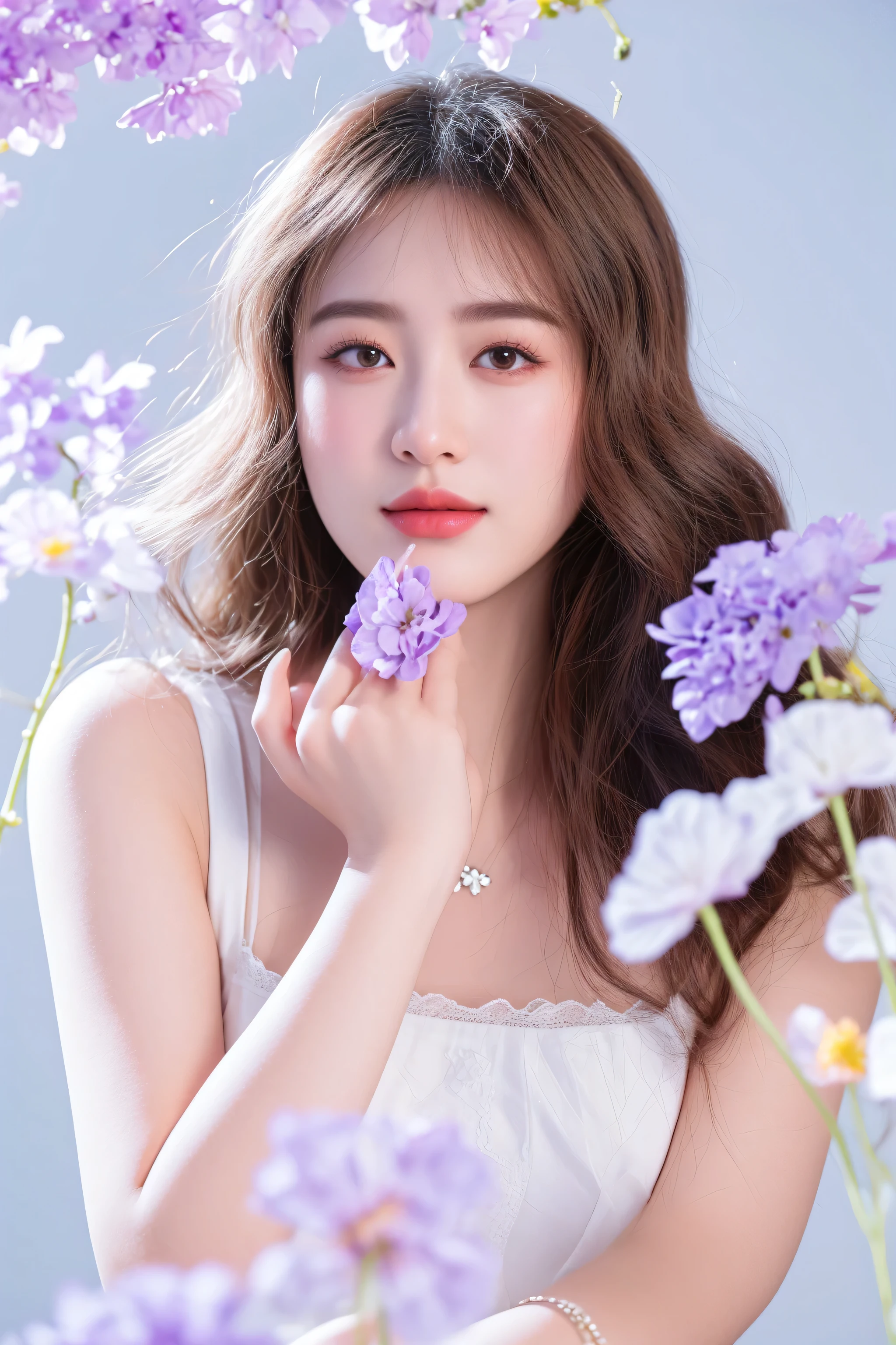 araffe woman in white dress posing in front of purple flowers, with flowers, sakimichan, soft portrait shot 8 k, close - up studio photo, captured on canon eos r 6, shot on canon eos r5, shot on canon eos r 5, taken with canon eos 5 d mark iv, jaeyeon nam, ethereal beauty