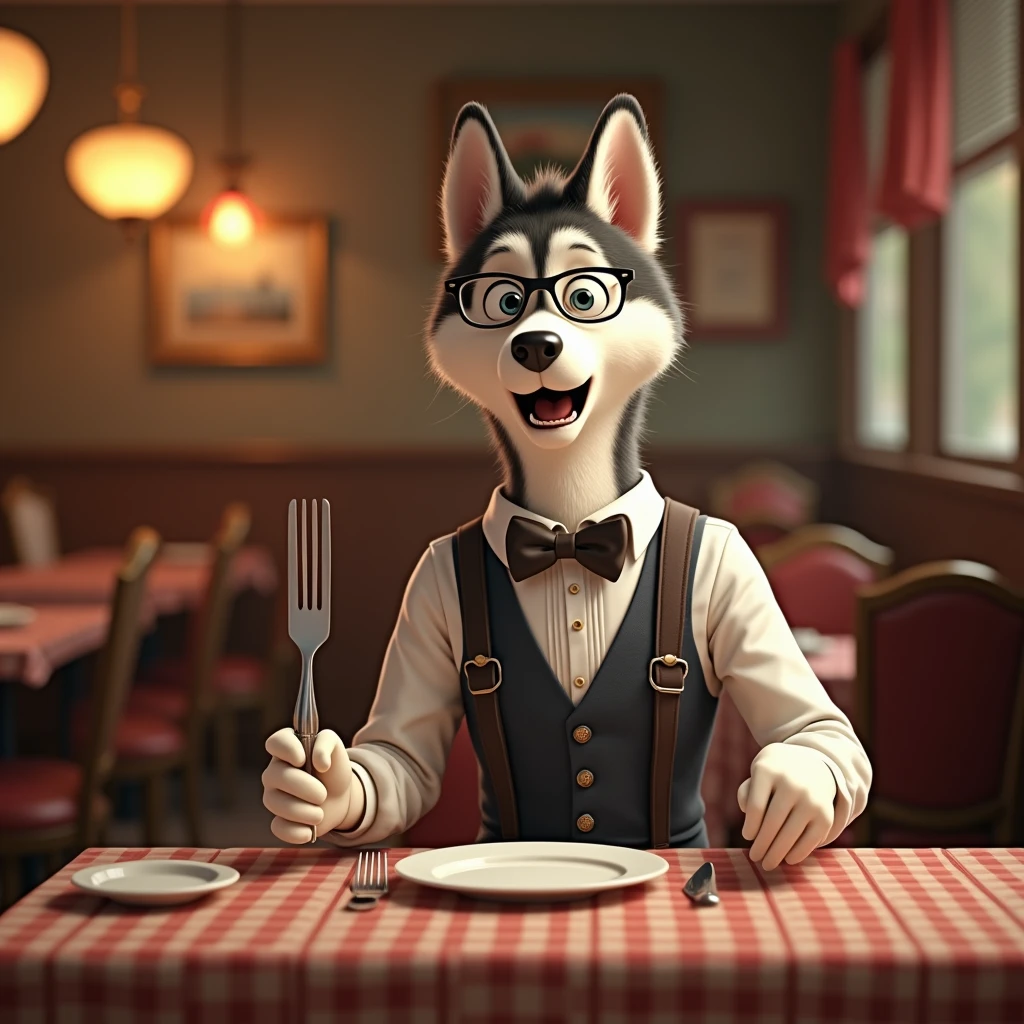 Create a photorealistic image of an anthropomorphic Husky dog, dressed in a formal outfit with a tie, vest, and suspenders, sitting at a dining table in a cozy restaurant setting. The Husky is wearing glasses and holding a fork in one hand and a knife in the other. The dog's expression is exaggeratedly surprised, with wide-open eyes and a slightly open mouth, as if caught off guard. The Husky is looking slightly to the left of the camera. The background includes warm lighting, other tables and chairs, and typical restaurant decor, creating an inviting and lively atmosphere