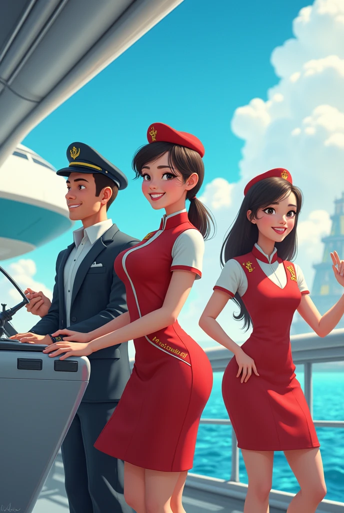 Disney future career one girl as flight attendants and 1 boy as sea captain and one girl as front office with mabuhay gestures