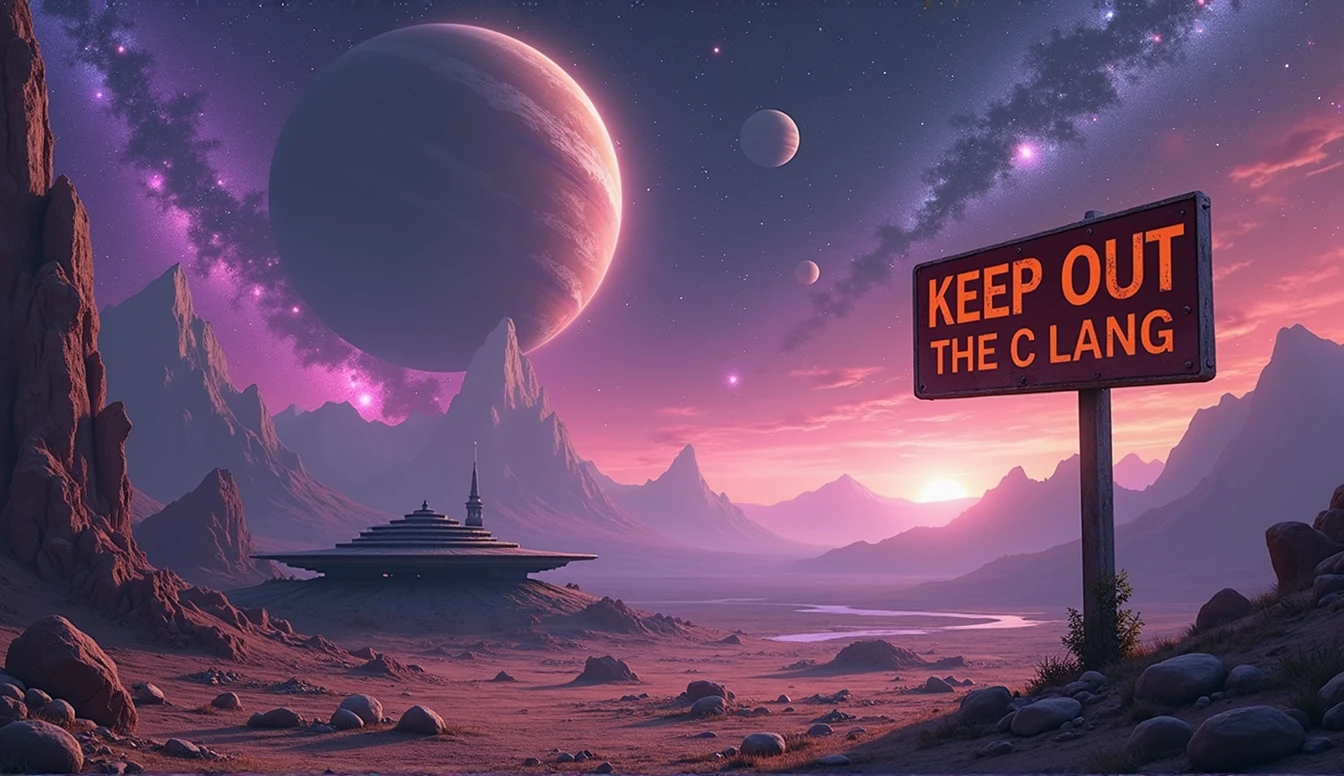 view of a planet in deep space, with stars of different colors, and 2 big planets with rings and moons in the back. the space has some bright colors, purple and pink. on the planet there is an abandoned space station and a brown-orange sign that writes with a red font "KEEP OUT THE C LANG", anime style