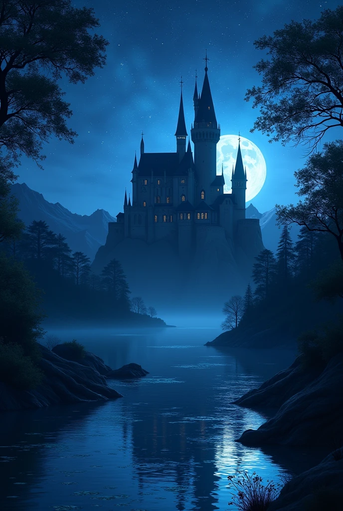 Nighttime landscape with a castle and a lively lake in the background