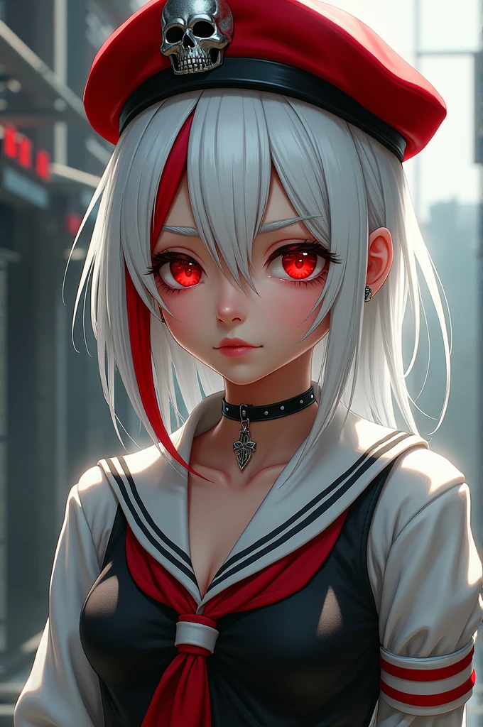 Chica
White hair with red streaks
Red eyes
Red sailor hat with a skull in the front center
White shirt with black vest