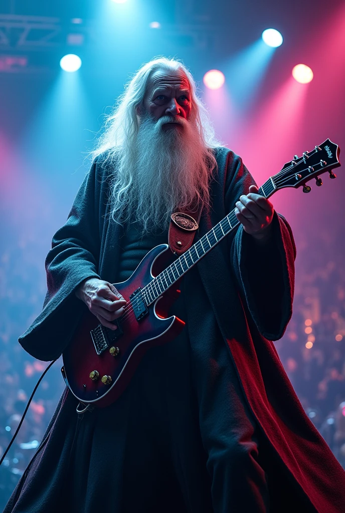 Gandalf holding a guitar, rocking out, concert setting, concert lighting, on stage, long beard, old man, shining eyes, crystal gaze, long wizard robe