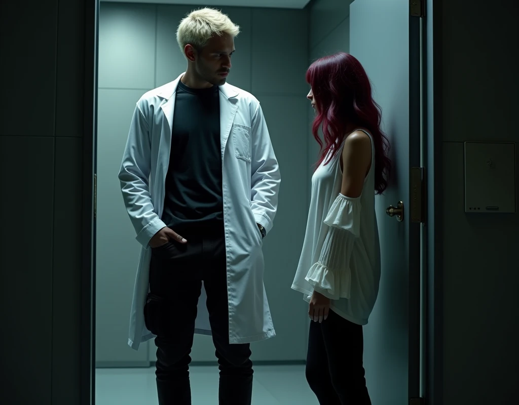 216 cm tall, 33-year-old man with short platinum blond wavy swept-back hair, dark skin, Arabic-Egyptian features, wearing a white lab coat over a black t-shirt and black cargo pants, standing in an open doorway of a secret facility. He is looking down at a much shorter 24-year-old woman who only comes up to his shoulder, with vibrant maroon side-parted medium-length wavy hair, very pale skin, wearing a white flowy top and low-rise black pants, standing outside the facility near the doorway. Hip-shot, dark lighting, nighttime, photorealistic, cinematic.