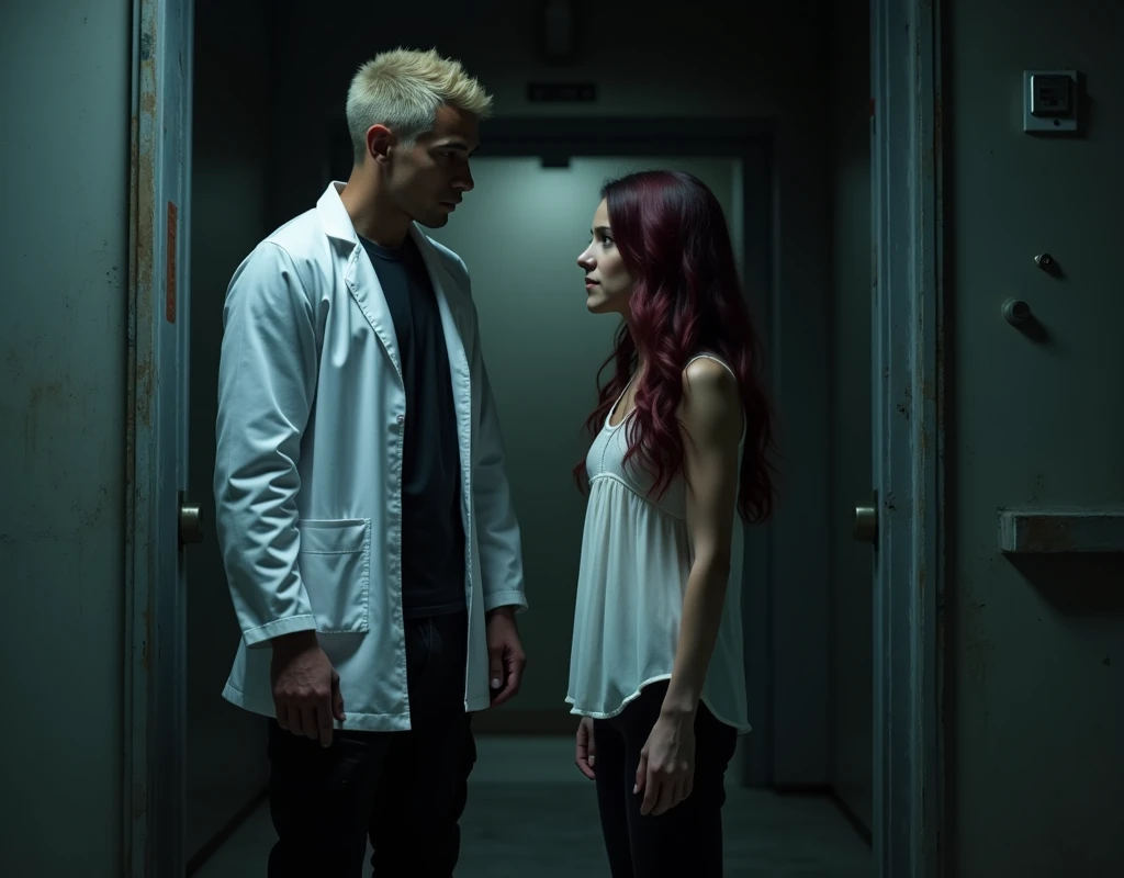 216 cm tall, 33-year-old man with short platinum blond wavy swept-back hair, dark skin, Arabic-Egyptian features, wearing a white lab coat over a black t-shirt and black cargo pants, standing in an open doorway of a secret facility. He is looking down at a much shorter 24-year-old woman who only comes up to his shoulder, with vibrant maroon side-parted medium-length wavy hair, very pale skin, wearing a white flowy top and low-rise black pants, standing outside the facility near the doorway. Hip-shot, dark lighting, nighttime, photorealistic, cinematic.