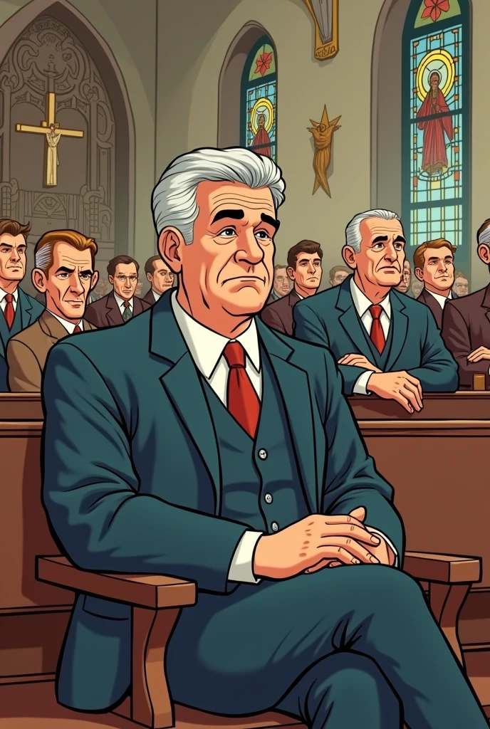 Father at Mass; comic; 50s style
