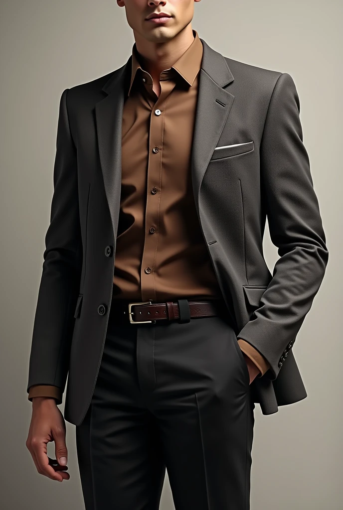 Dress suit, brown shirt, gray jacket, black pants 