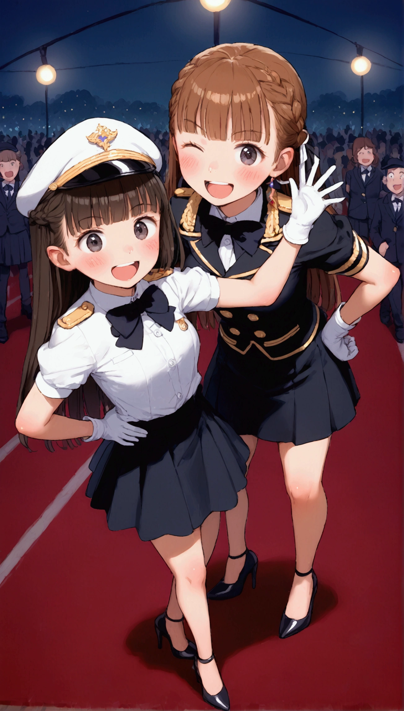 {Highest quality}, {Super beautiful},{Ultra fine},{Best illustration},Brown Hair,Hime cut,Braid,long hair,Two Women,Standing Woman,Strike a pose,Adult women,smile,Excited face,Double teeth,Mischievous,Wink,Uniform cap,White shirt,Short sleeve,Black long skirt,White gloves,Black stiletto heels,Night Park,crowd,Blushing,Slender,From above,Spread your legs,Put one hand on your hip