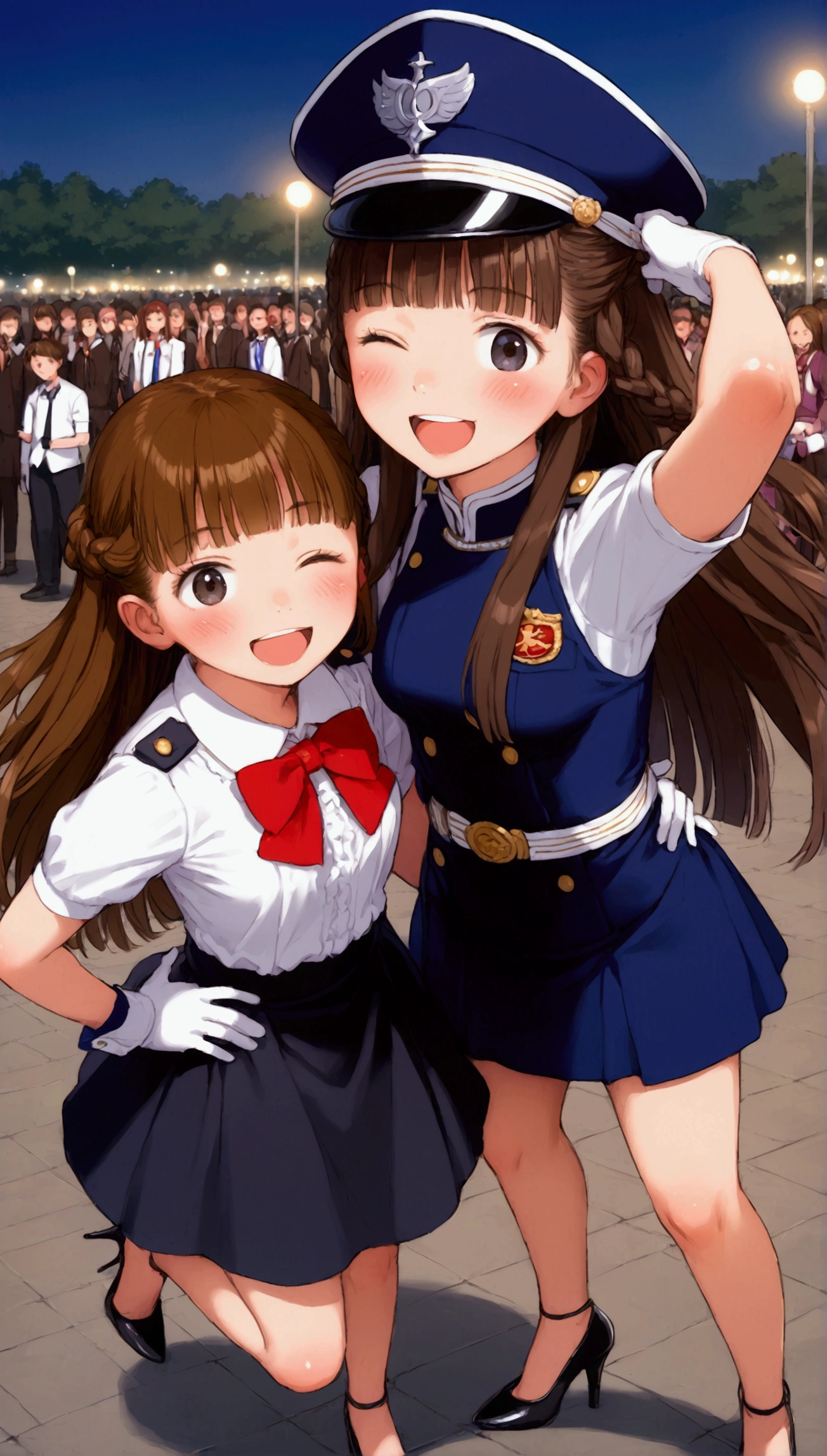 {Highest quality}, {Super beautiful},{Ultra fine},{Best illustration},Brown Hair,Hime cut,Braid,long hair,Two Women,Standing Woman,Strike a pose,Adult women,smile,Excited face,Double teeth,Mischievous,Wink,Uniform cap,White shirt,Short sleeve,Black long skirt,White gloves,Black stiletto heels,Night Park,crowd,Blushing,Slender,From above,Spread your legs,Put one hand on your hip