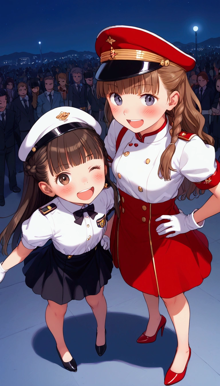 {Highest quality}, {Super beautiful},{Ultra fine},{Best illustration},Brown Hair,Hime cut,Braid,long hair,Two Women,Standing Woman,Strike a pose,Adult women,smile,Excited face,Double teeth,Mischievous,Wink,Uniform cap,White shirt,Short sleeve,Black long skirt,White gloves,Black stiletto heels,Night Park,crowd,Blushing,Slender,From above,Spread your legs,Put one hand on your hip