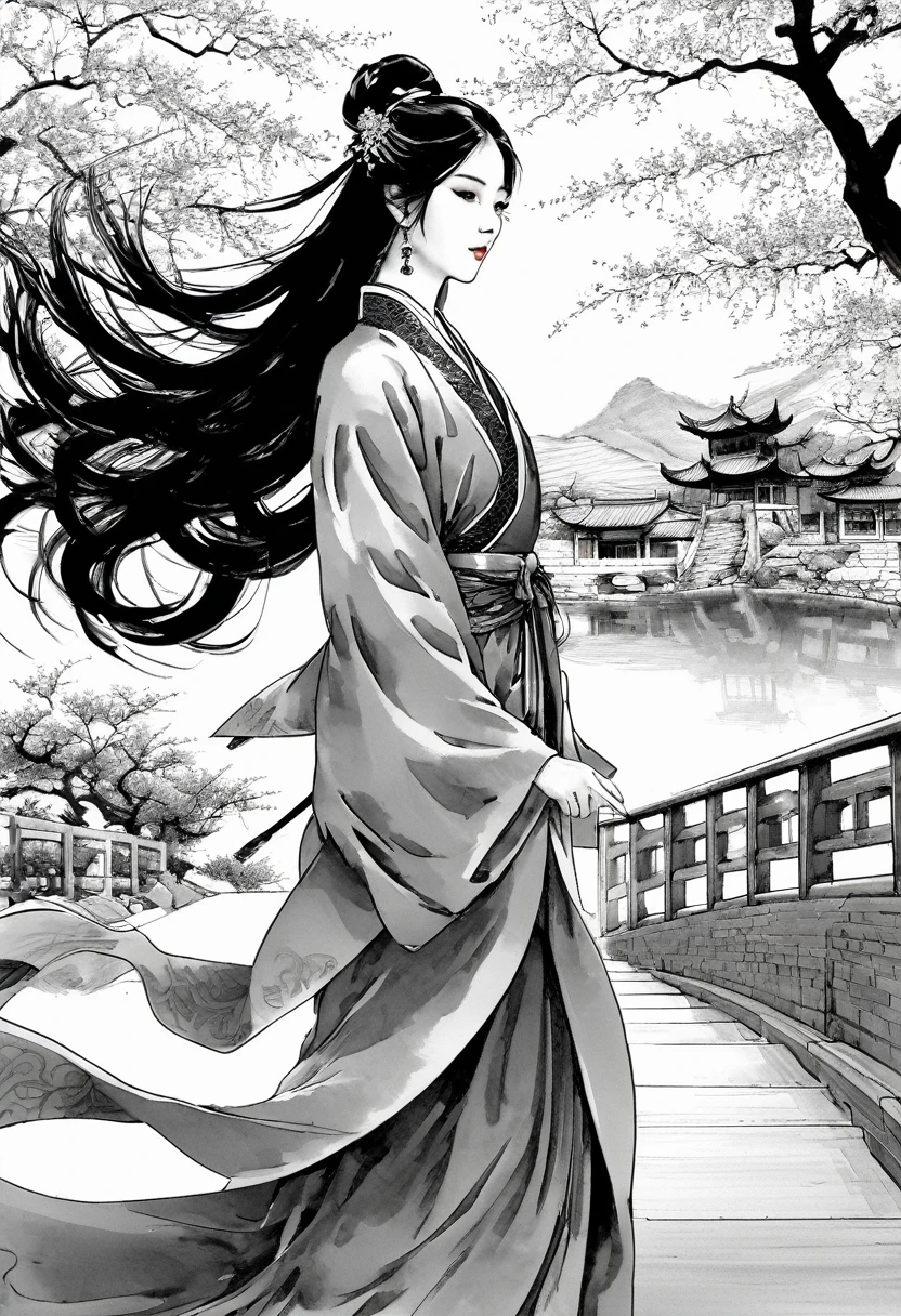 Imagine Xiaoying as a 17-year-old Chinese noblewoman from an ancient dynasty. She has long, flowing black hair that reaches her waist, styled in a simple yet elegant manner. Her skin is pale and flawless, reminiscent of porcelain. Her eyes are large, dark, and reflective, conveying both intelligence and deep wisdom. She has a soft, delicate facial structure with a calm and composed expression, but there’s a subtle strength and determination in her gaze.
Xiaoying is dressed in a traditional Chinese robe made of luxurious silk. The robe is deep red, adorned with intricate gold embroidery featuring floral and dragon motifs, symbolizing her noble status. The robe is long and flowing, gracefully trailing as she moves. Around her neck, she wears a small jade pendant, a family heirloom. The background should feature a serene, traditional Chinese garden with blooming plum trees, enhancing her poised and regal appearance.