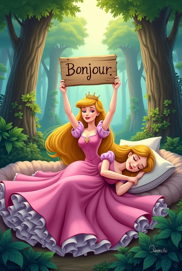 Disney Sleeping Beauty is Asleep, she lifts a sign where it says "Bonjour"  Cartoon