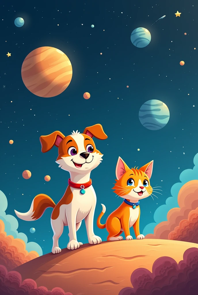 Cartoon illustration of a dog and a cat exploring space, with no background.