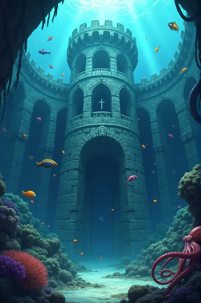  Generate  a big under water fort  with some fishes octopusses  star fishe and  fort is look like attractive  Design  and real  and image Generate  in 1: 3 ratio