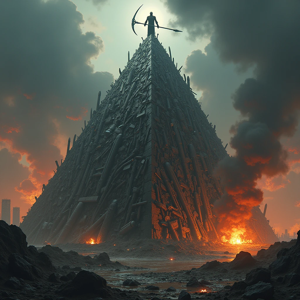 The pyramid consists of broken burning nuclear weapons, missiles and above this pyramid death with a scythe rises.