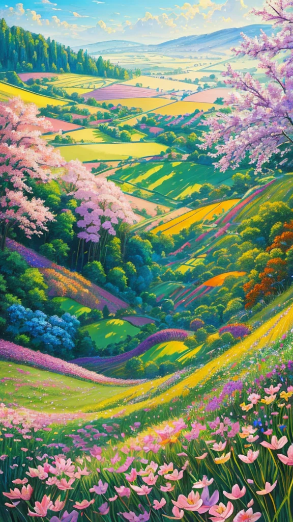 (best quality,realistic:1.2,highres),a lush green field, vibrant colorful flowers dotting the landscape,portraying the beauty of nature and the joy we can find in God's creation,illustration,extraordinary level of detail,stunning visual representation,impressive variety of flowers,serene atmosphere,sunlit scene,every blade of grass rendered with utmost precision,rich and vibrant colors,exquisite brushstrokes,picture-perfect composition,painting with a touch of impressionism,soft natural lighting,immersive experience,emphasizing the intricate details of the flowers,captivating and lifelike portrayal,awe-inspiring view,professional-level artwork,invoking a sense of tranquility and happiness.