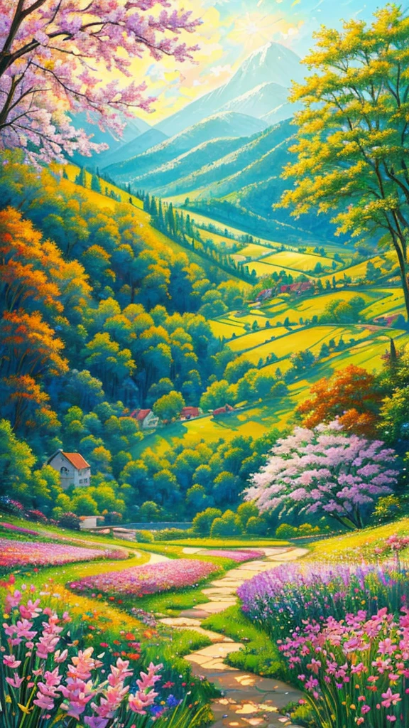 (best quality,realistic:1.2,highres),a lush green field, vibrant colorful flowers dotting the landscape,portraying the beauty of nature and the joy we can find in God's creation,illustration,extraordinary level of detail,stunning visual representation,impressive variety of flowers,serene atmosphere,sunlit scene,every blade of grass rendered with utmost precision,rich and vibrant colors,exquisite brushstrokes,picture-perfect composition,painting with a touch of impressionism,soft natural lighting,immersive experience,emphasizing the intricate details of the flowers,captivating and lifelike portrayal,awe-inspiring view,professional-level artwork,invoking a sense of tranquility and happiness.