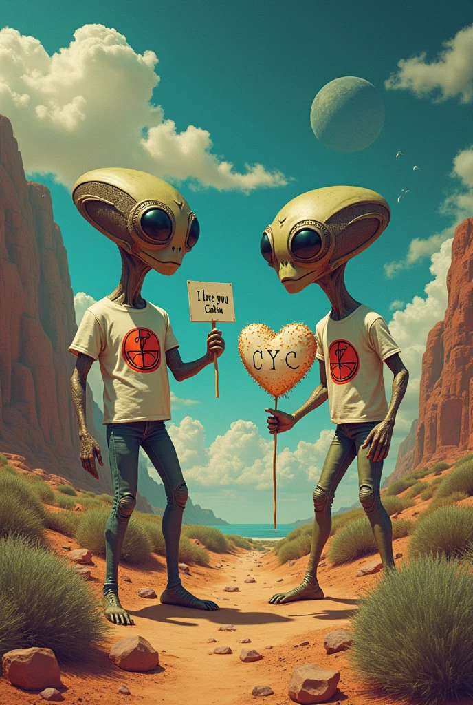 Generate an image, where to find extraterrestrials, y and that aliens wear a T-shirt with the rock band's logo  "the doors", and one of the extraterrestrials holds a sign and that inside that sign says the phrase "I love you Cinthia" and that another sign in the shape of a heart says, "Cinthia and Eduardo" and the initials "C Y C"