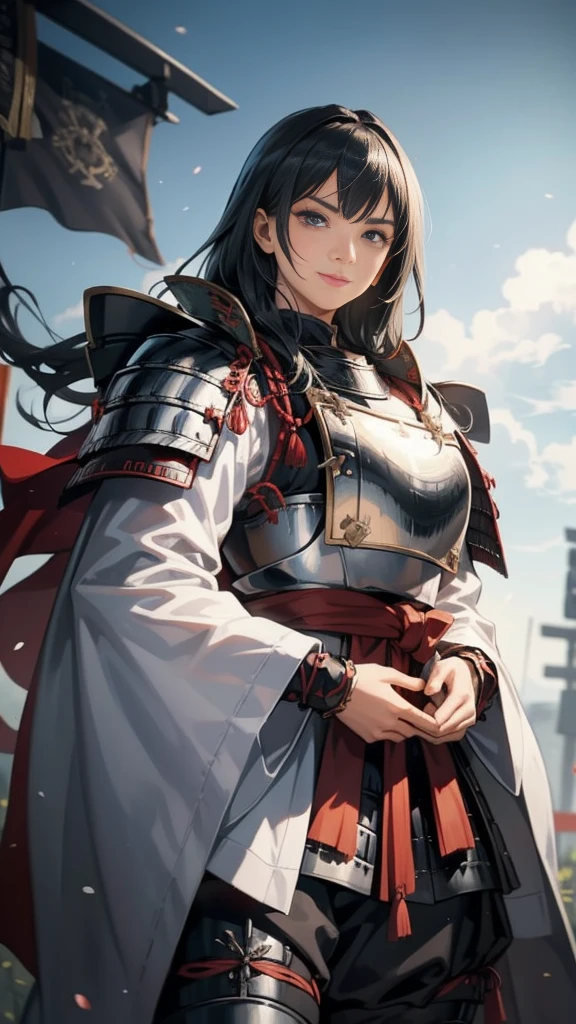 Black Hair:1.3, Amazing character art, ((Silver Knight Armor:1.3 )),((Pure white background)), 3d rendering character art 8k, Handsome,Beautiful female knight, 2. 5D CGI Anime Fantasy Artwork, Detailed digital art, Very nice work of art, Fan Art Best Art Station, (Red velvet long cape),(Stretch your open hand forward:1.3), (Hands on hips),(on stage:1.2),((From below)),Eyes looking into the distance,(A female general gives orders to her soldiers:1.3),Muscular,(samurai:1.2),Confident,An inappropriate smile,teasing,Overbearing,samurai:1.2,Japan