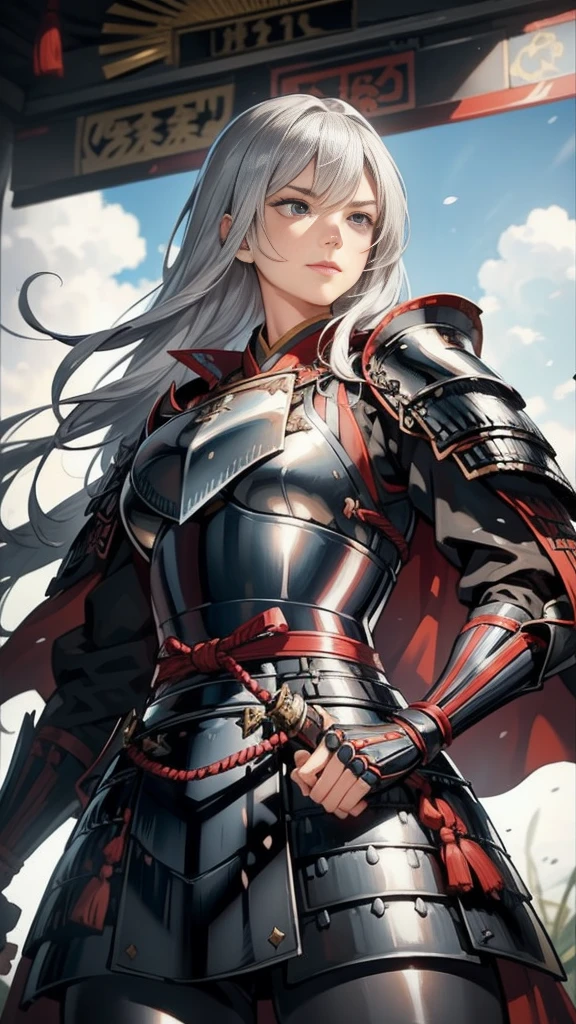 Black Hair：1.3, Amazing character art, ((Silver Knight Armor:1.3 )),((Pure white background)), 3d rendering character art 8k, Handsome，Beautiful female knight, 2. 5D CGI Anime Fantasy Artwork, Detailed digital art, Very nice work of art, Fan Art Best Art Station, (Red velvet long cape),(Stretch your open hand forward:1.3), (Hands on hips),(on stage:1.2),((From below)),Eyes looking into the distance,(A female general gives orders to her soldiers:1.3),Muscular,(samurai:1.2),Confident，An inappropriate smile，teasing，Overbearing，samurai：1.2，Japan