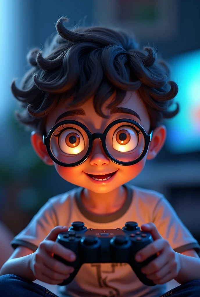 A small boy with big glasses and very big eyes holding a video game controller and playing, with curly hair. her eyes are glowing, This t-shirt 