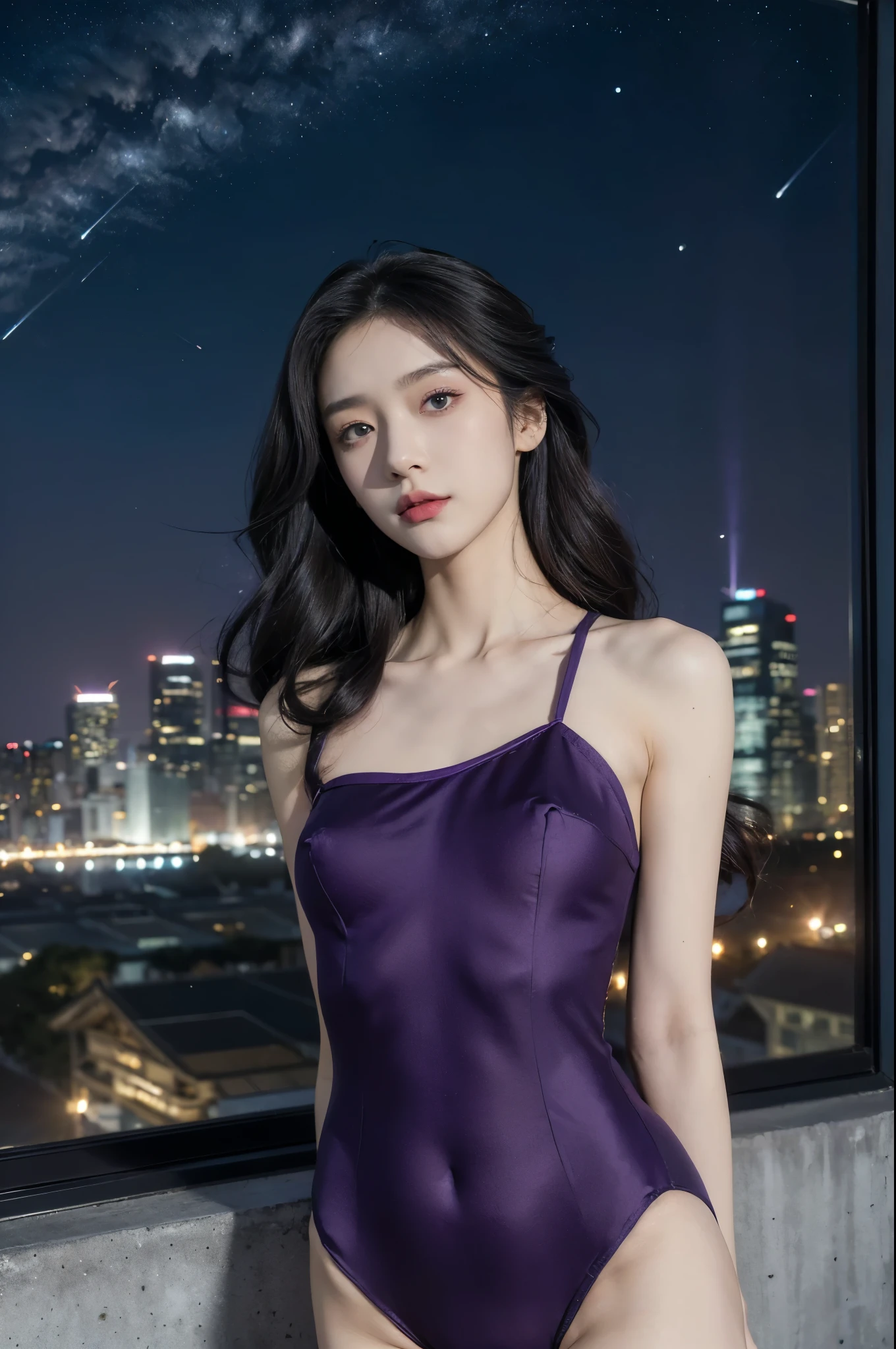 (((best quality))),(((ultra detailed))),(((masterpiece))),illustration,((1girl,Rui Kisugi,solo)),((slim,thin)),((small breasts,flat chest)),(long wavy hair:1.2),(dark purple full-body leotard:1.5),(cyan ribbon around waist:1.3),(On the roof of skyscraper:1.3),(city view:1.2),(night scene:1.3),elegant,confident,athletic,curves,(slender legs:1.2),waist,concrete,glass,buildings,starry sky,natural beauty,captivating,thought-provoking,((from front,upper body))