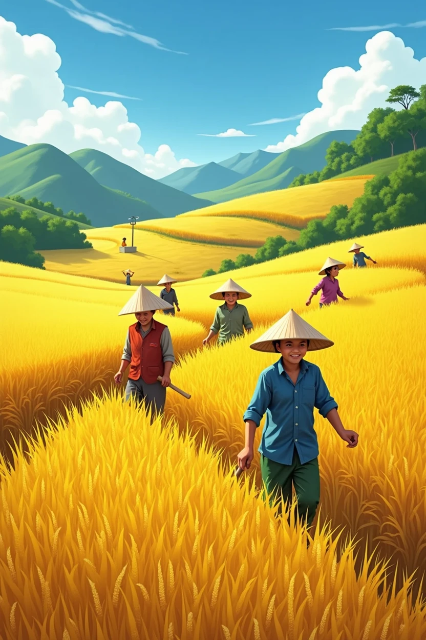 Background of Vietnamese farmers harvesting ripe golden rice, people harvest in an excited atmosphere, under the blue sky