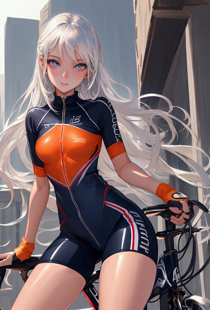 high quality,High resolution,16K,Sharp lines,1 person,Female cyclists ,Cute Face, Medium chest, Beautiful legs,At the cycling venue,Focus Girl,Beautiful face in every detail,Detailed clothing,Beautiful Eyes,nice,Dynamic Angle