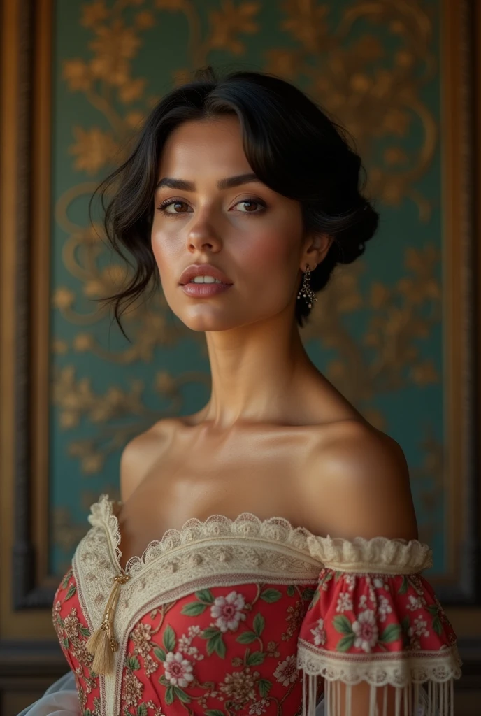 Beautiful latina woman perfect body short brunette hair, dressed in elegant victorian era 19th century American colorful conservative formal studio lighting, beautiful background