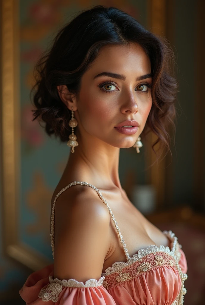Beautiful latina woman perfect body short brunette hair,  dressed in elegant victorian era 19th century American colorful conservative formal studio lighting,  beautiful background 