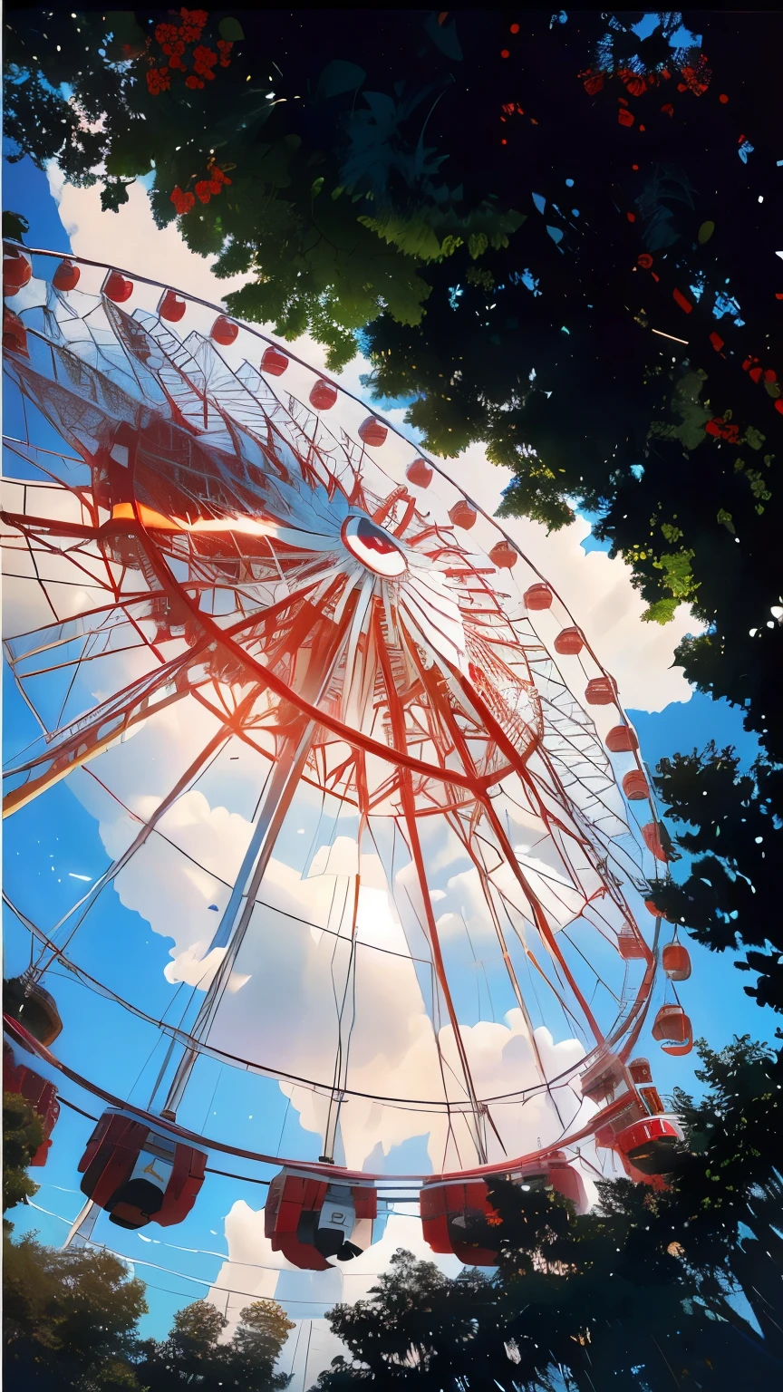 araffe ferris wheel with red seats and red seats on a sunny day, ( ferris wheel ), ferris wheel, wide angle lens photography, low angle fisheye view, 35mm wide angle photograph, magnificent super wide angle, show from below, view from below, shot from below, wide - angle lens, wide-angle lens, low angle photography