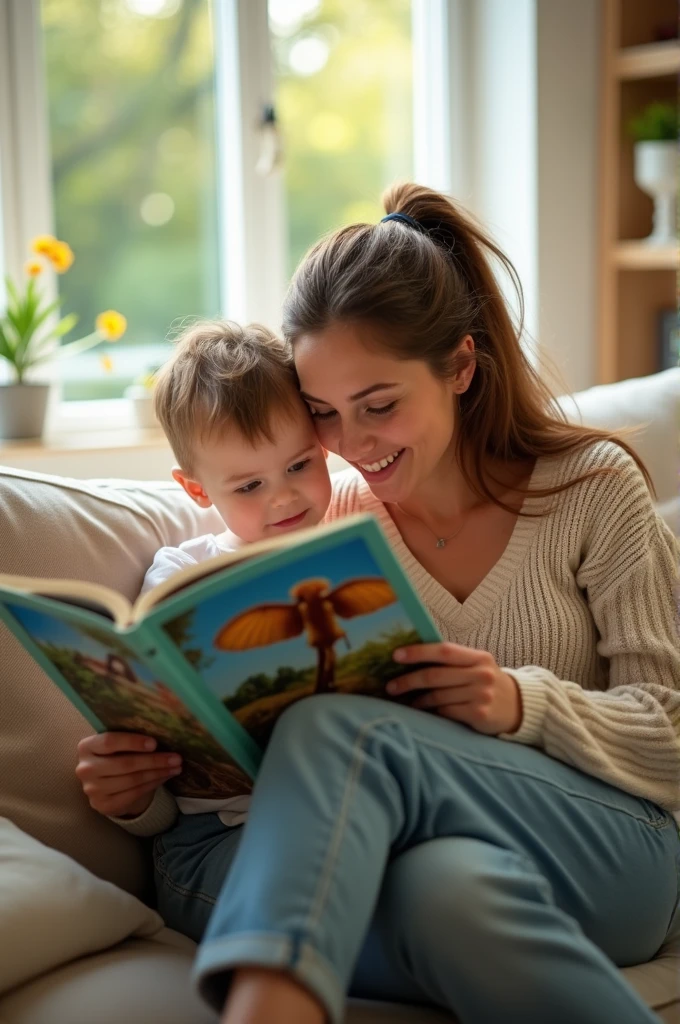Make a realistic photo about a mom and a , whom read a magazine about animals