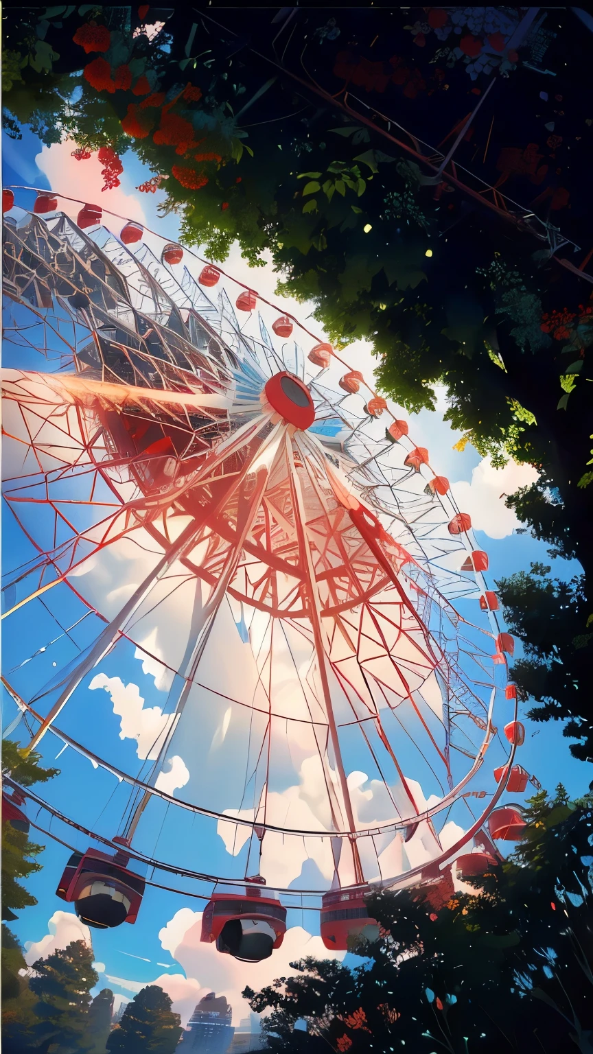 araffe ferris wheel with red seats and red seats on a sunny day, ( ferris wheel ), ferris wheel, wide angle lens photography, low angle fisheye view, 35mm wide angle photograph, magnificent super wide angle, show from below, view from below, shot from below, wide - angle lens, wide-angle lens, low angle photography