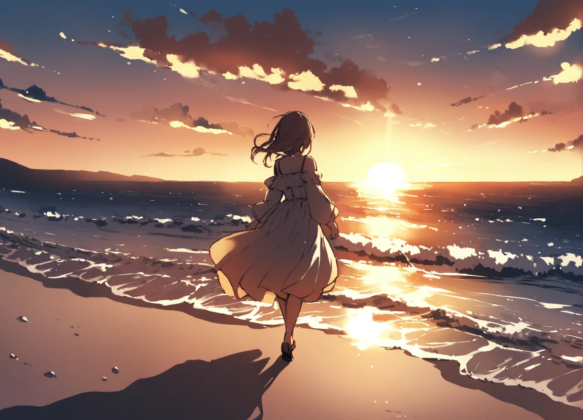 Filled with the sunset、One Girl、Walking on the beach and looking at the sea