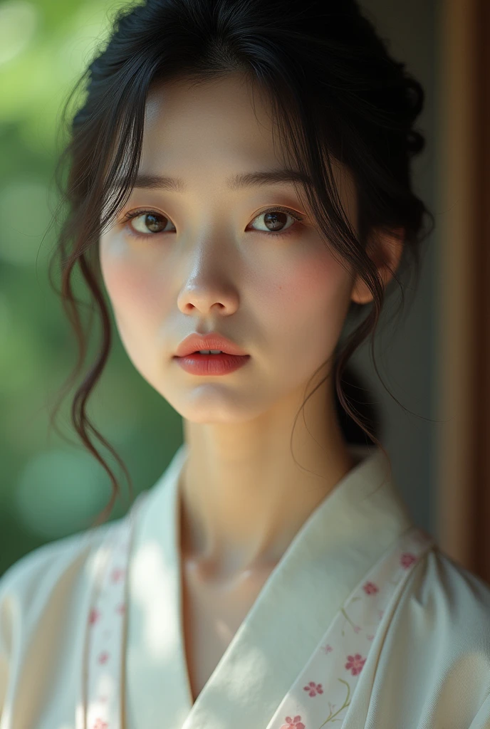 An elegantly dressed Japanese woman in natural light、A close-up of her chest and calm expression.、It shows her inner peace and outer charm.。