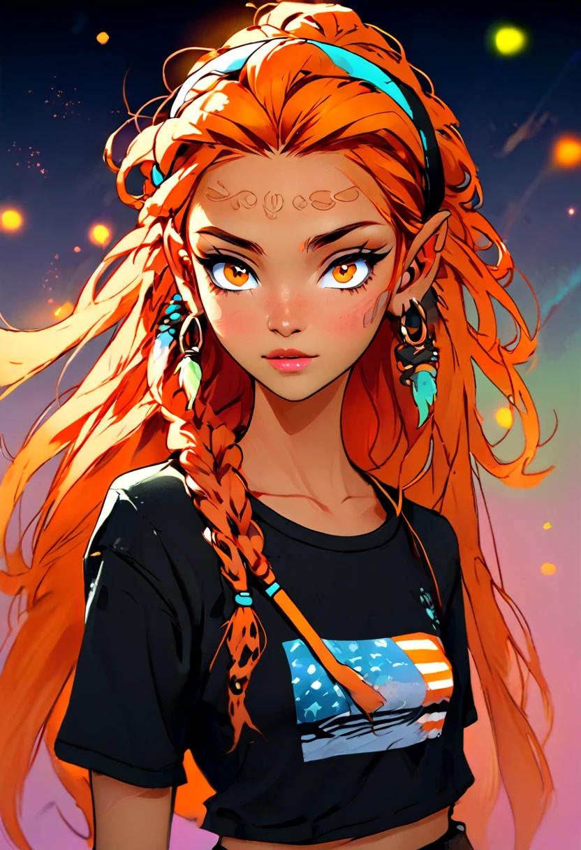 Midjourney, MJ, Midjourney style, Pastel, drawing with dry chalkposter, manga, anime,
score_9, score_8_up, score_7_up,source_anime,1girl,solo,orange hair,long hair,dreadlocks,headband,ear,hair behind ear,hazel eyes,perfecteyes,mole under eye,eyebrows,fishnet tshirt,bra,black tshirt,midriff,sinozick,flat colors