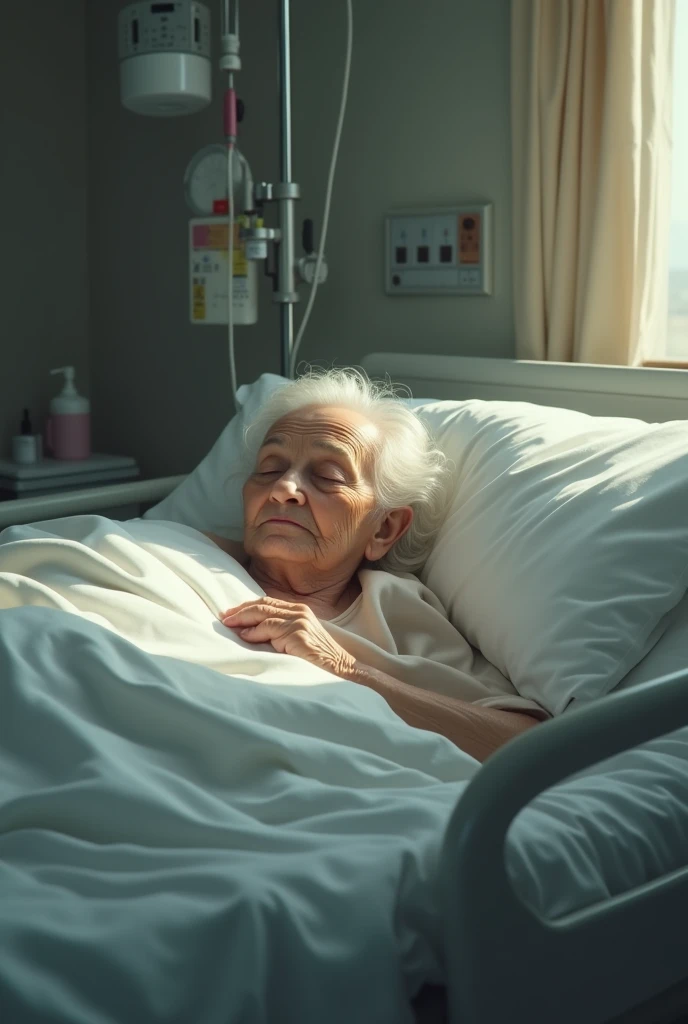 Grandmother sleeping on a hospital bed 