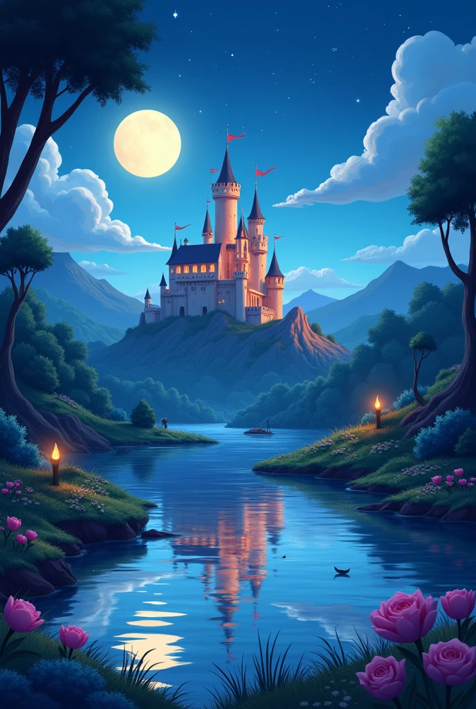 Nighttime landscape with a castle and a lake in the background, animated in a cartoon style