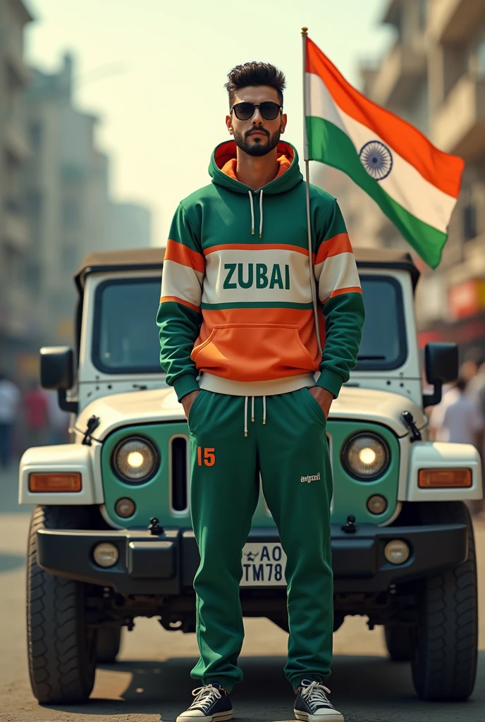 “Realistic image of an Indian city road in the background. A beautiful young man stands through the hood of a Thar Jeep, holding a 15 August Indian flag. He is dressed in a 15 August-themed hoodie and pants with ‘ZUBAIR’ printed on the hoodie, wearing black sunglasses. The scene is vibrant and patriotic, capturing the essence of India’s Independence Day.”