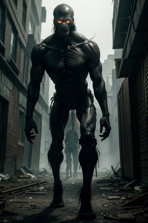 Strong, tall and shadowy monster, with bones sticking out of the body, black and drooping eyes. In the middle of an abandoned and dark city in the middle of the day.