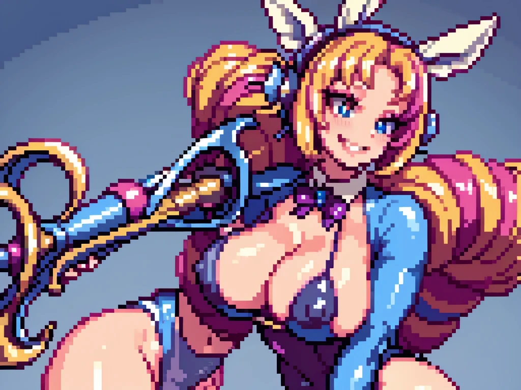 a cute girl in a leotard, oiled skin, holding big scissors, cleavage, big boobs, looking up with a happy smile, white skin, wearing a bunny suit, heterochromia eyes with one light blue and one glowing red eye, masterpiece, 8k, realistic, photorealistic, physically-based rendering, hyper detailed, studio lighting, vivid colors, sharp focus, professional

