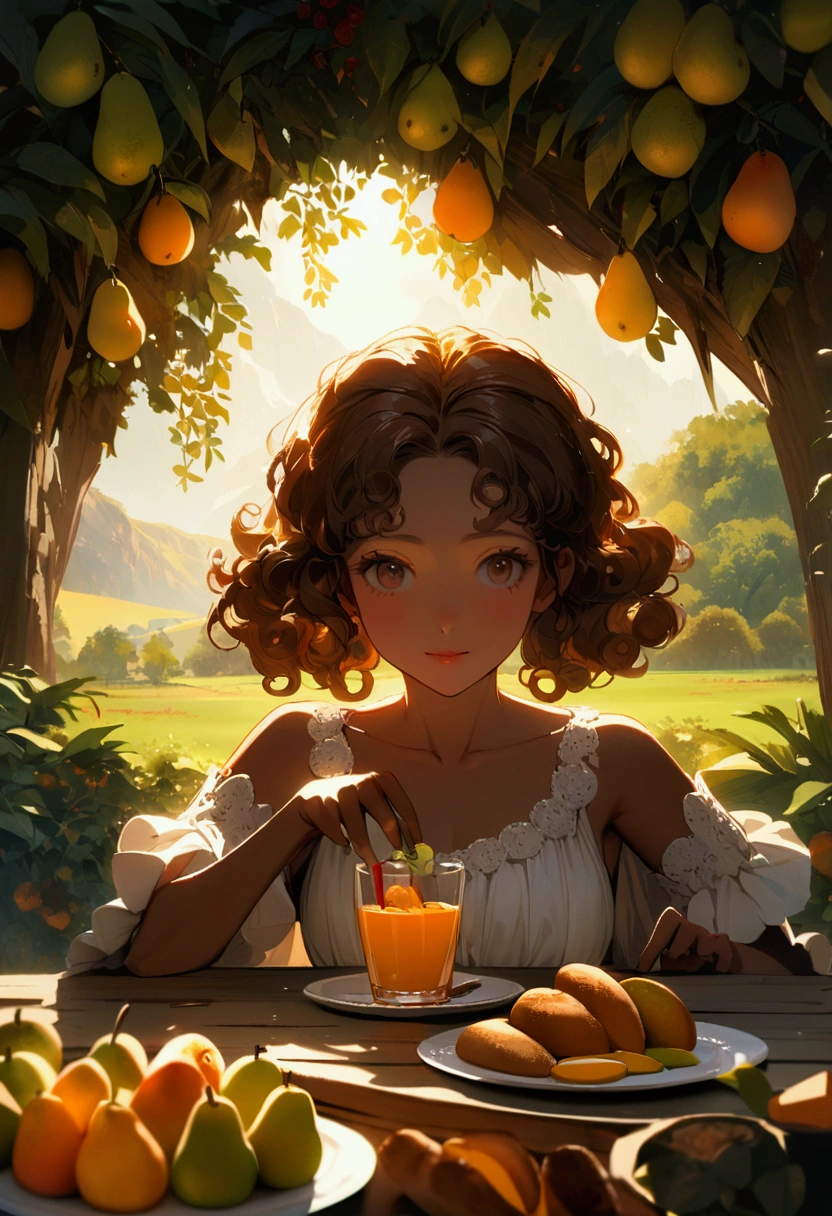 Image that represents very well a brunette girl with brown skin, curly hair (not just wavy), long and stuck, having breakfast with mango and pear fruit,bread and orange juice in a Nature landscape