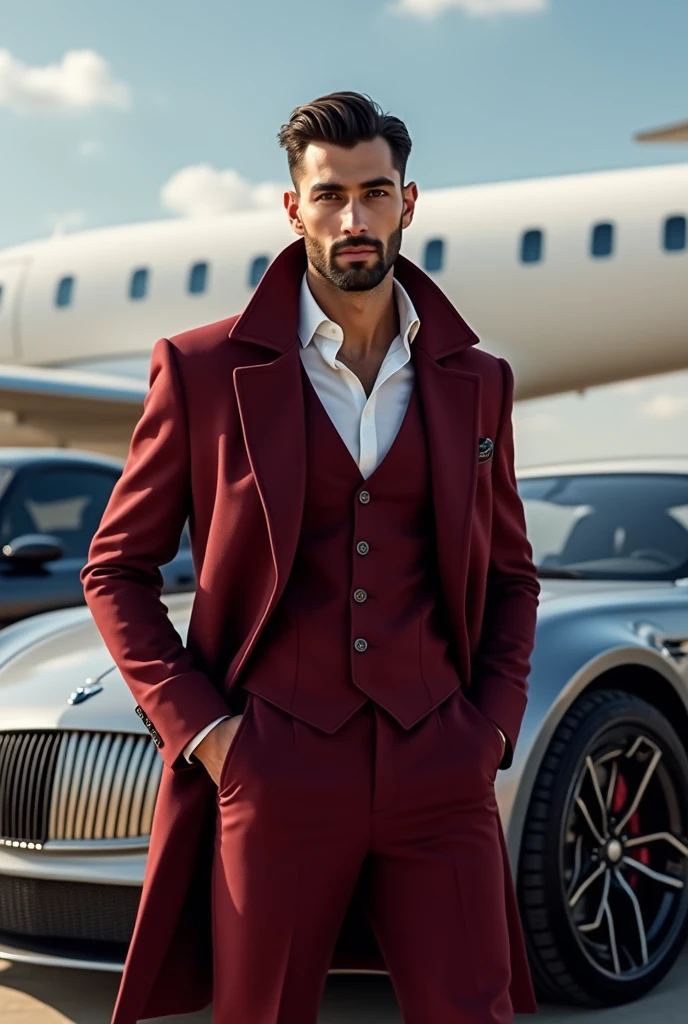 I want a men with tha name of (Nabi) wearing a maroon coat and pant with white inner shirt In background one silver rolls royce and one black Lamborghini with one white private jet